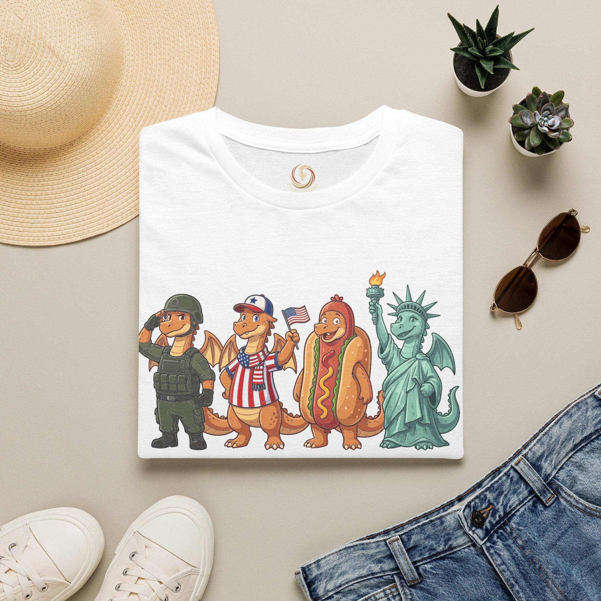 Patriotic Dragon Parade T-Shirt — Cute USA Hotdog, Statue of Liberty & Soldier Design