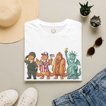 Patriotic Dragon Parade T-Shirt — Cute USA Hotdog, Statue of Liberty & Soldier Design