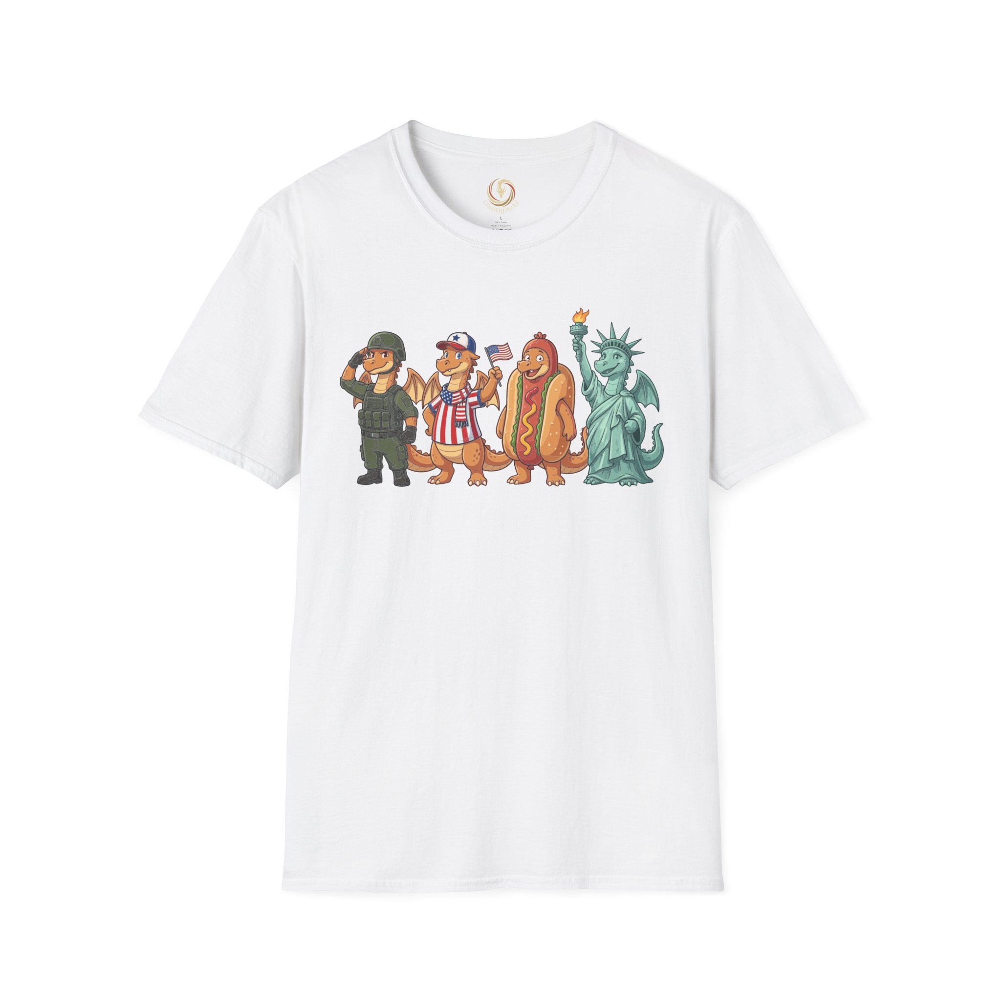 Patriotic Dragon Parade T-Shirt — Cute USA Hotdog, Statue of Liberty & Soldier Design