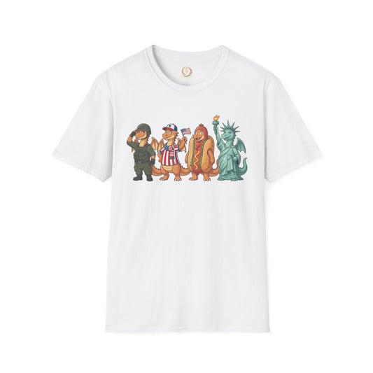 Patriotic Dragon Parade T-Shirt — Cute USA Hotdog, Statue of Liberty & Soldier Design