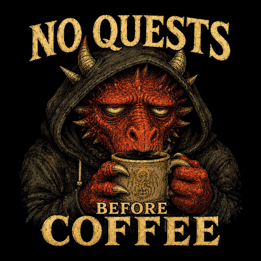 NO QUESTS BEFORE COFFEE T-SHIRT